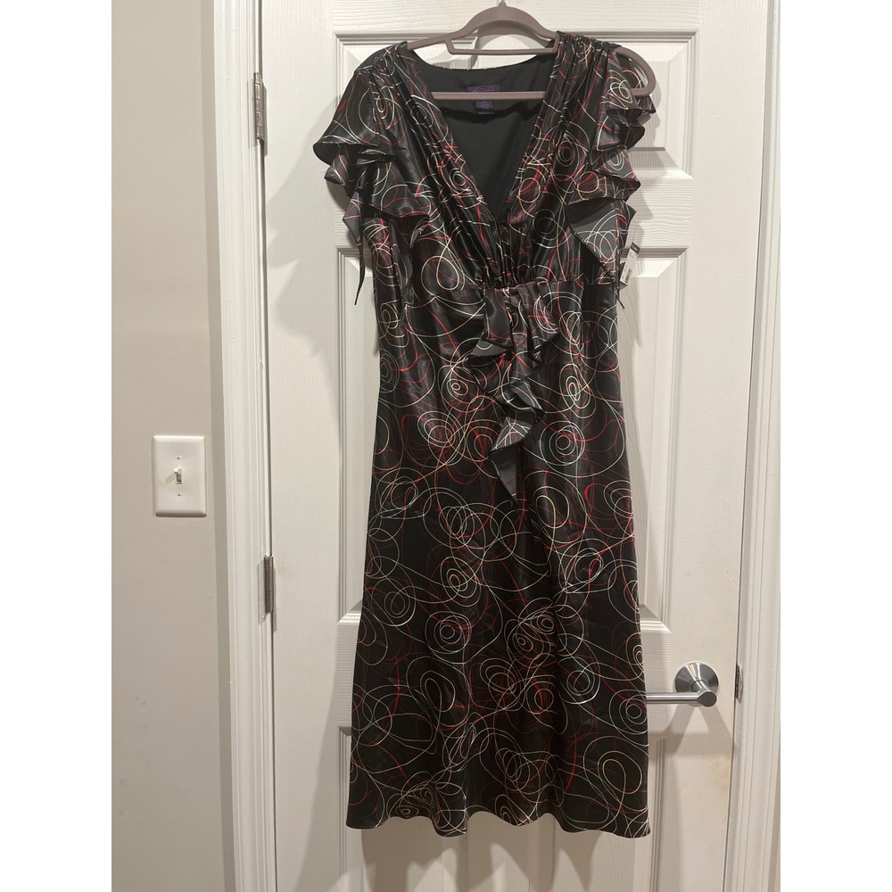 Metaphor Black Red Swirl Print Ruffle Flutter Sleeve V-Neck Midi Dress Size 16